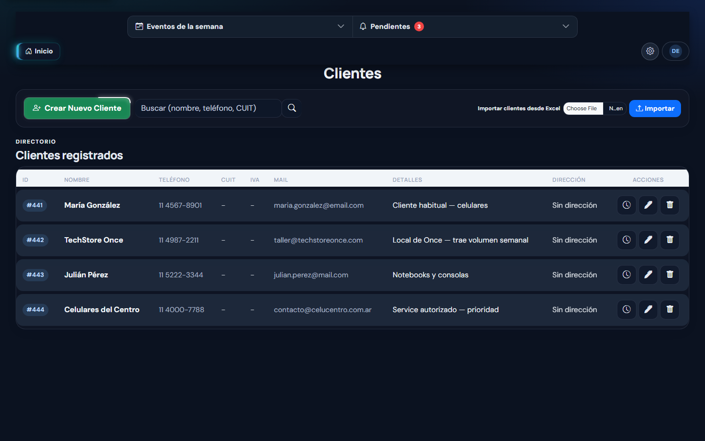 Directorio de clientes con importación desde Excel