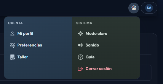 Menú de cuenta, preferencias y taller