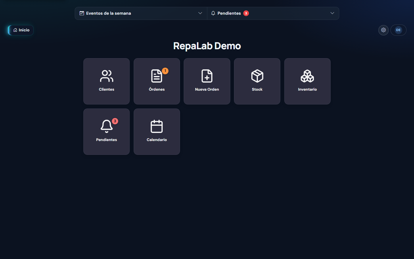 Panel principal de RepaLab con módulos de clientes, órdenes, stock, calendario y más
